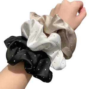 3PCS Rhinestones Embellished Scrunchie Ruffled Cloth Ponytail Holder Large Beads Hair Ties for Daily Use or Parties