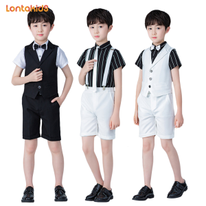 lontakids 4Pcs Boys Summer Formal Suit Vest Shorts Shirt with Bow Tie Kids Gentleman Tuxedo Outfit Wedding Birthday Party Clothes Set For 2-11 Years