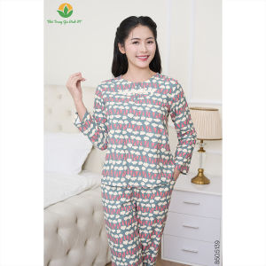 Đồ bộ nữ chất cotton rayon nữ quần dài áo dài tay cổ đính nơ thời trang Việt Thắng - B50.5139