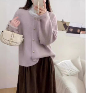 ali Mùa Thu Và Mùa Đông Mới Một Bên Ngực Màu Trơn Phong Cách Hàn Quốc Dệt Kim Cardigan Cổ Tròn Nữ Cao Cấp Thời Trang Phong Cách Lười Áo Khoác