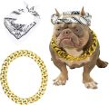 2Pack Dog Costume Set, Adjustable Gold Plated Dog Chain Collar and Headband Hip Hop Square Satin Head Scarf Head Cover Apparel Party Costume Cosplay Accessories for Medium Large Dogs(Blue). 