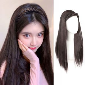 BEAUTYandLADIES Brown All-Match Fluffy Girl Women Invisible Natural Synthetic Hair Accessories Hair Extension Long Straight Headband Wig Heat Resistant Wig Half Headband Wig Braided Headband Wigs