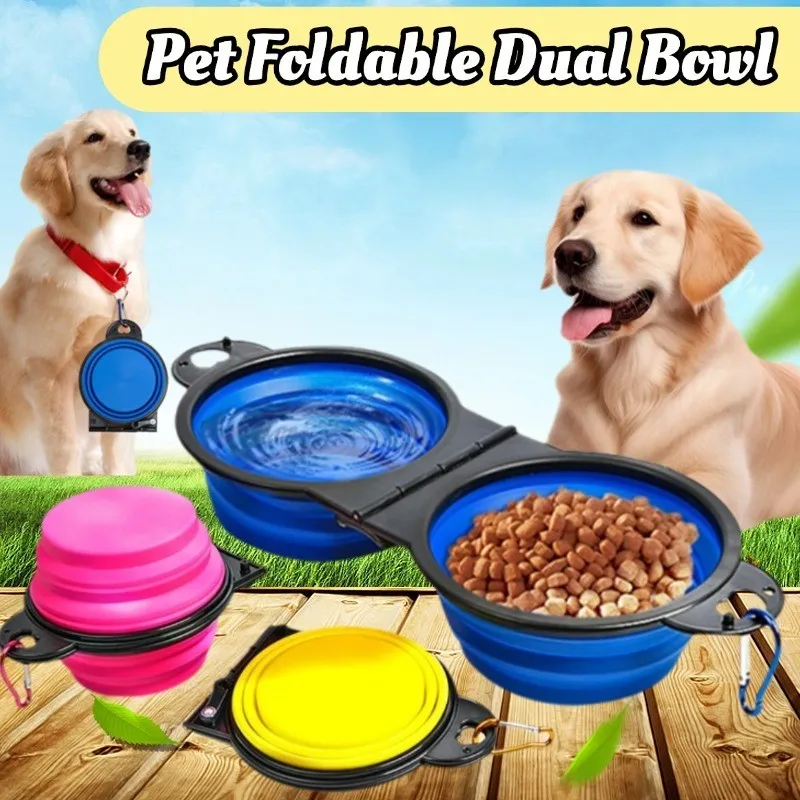 Dog Travel Bowl Double Bowls Folding Food Water Bowl Portable Dog Feeder  Hangable Puppy Feeder Outdoor