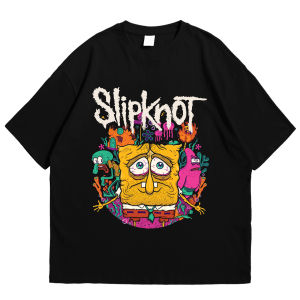 Baju Kaos Regular Band Musik Slipknot X Spongebob T-shirt Pria Wanita Cotton Combed Black 24s