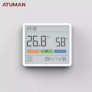 Original ATuMan TH1 Termometer Alat Ukur Pengukur Suhu Kelembapan Udara Ruangan Kamar Humidity Hygrometer Higrometer Jam Digital Clock Calendar Kalender