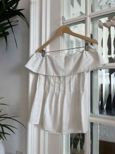 Trắng/ Đen Chất linen bột Áo trễ bẻ vai cộc tay xếp ly thân trước bo chun co giãn dễ thương năng động cam kết nhận hàng như video shop tự quay LIU TOP