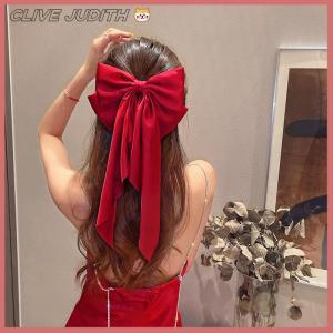 CISWGE Elegant Red Streamer Large Bow Ribbon Hair Clip For Women Fashion Simple Solid Satin Ponytail Bow Hairpin Girls Hair Accessories