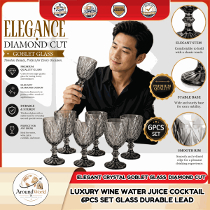 ELEGANT CRYSTAL GOBLET GLASS DIAMOND CUT LUXURY WINE WATER JUICE COCKTAIL 6PCS SET GLASS DURABLE LEAD