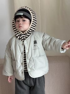 Childrens striped hooded sweatshirt thickened 2025 Autumn and winter Korean style childrens clothing baby clothes boys fleece-lined suit
