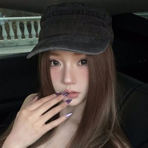 DAPPER Vintage Flat Top Hat Washed Cotton Y2k Peaked Cap Retro Streetwear Cadet Cap Men Women