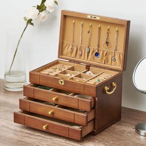 Antique Chinese Style Lockable Luxury Jewelry Box Large Capacity Women Vintage Jewellery Storage Organizer