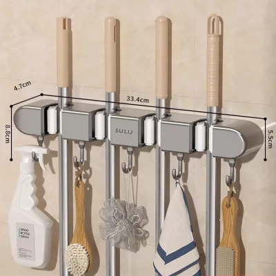 🇸🇬【SG stock】]Lowest price ]Broom Mop Holder with Hooks Punch-free Broom Storage Rack Mop Broom Organizer for Bathroom Bathroom hook 拖把夹，Broom holder