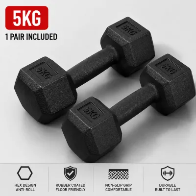 Hex Rubber Dumbbell Pair Non-Slip Anti Roll Rubber Coated Home Gym Fitness Weights 3KG 5KG 7.5KG 10KG