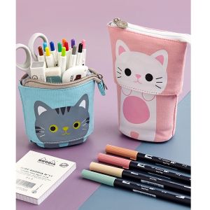 LE Pen Pencil Bag Case Cartoon Cute Cat Bear Sheep Canvas Fold Standing Holder Stationery Organizer Kids Gift New
