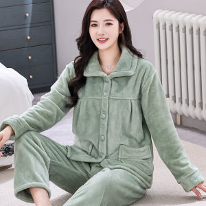 Bộ Đồ Ngủ Bằng Vải Nỉ San Hô Dày Mùa Thu Đông Cho Nữ Bộ Đồ Ngủ Cotton Dài Tay Cổ Bẻ Có Khóa Kéo Thường Ngày Dễ Thương
