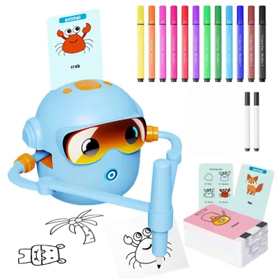 Drawing Robot for Kids with 100 Cards& 12 Color Pens ，Voice Interactive Educational Drawing Machine Montessori Painting Learning Toys for Ages 3-8 Boys Girls Birthday Gift