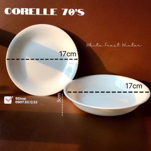 Corelle USA - White Frost Winter -  Combo 01 Dĩa Cạn +  01 Dĩa Soup 17cm [Logo 1970s]