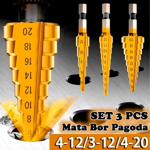 Set 3 PCS Mata Bor Pagoda Besi Kuningan Kayu Plastik Tingkat Multi Step Drill Bit Cone HSS Pyramid Coating Titanium 3-12 4-12 4-20 4-32 MM