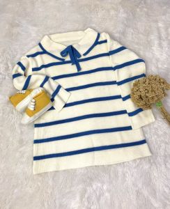 Sweater Rajut Anak Kerah Pita Bergaris Lengan Panjang