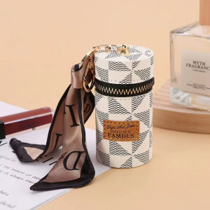 Mini  Lipstick Bag Creative Luxury Leather Plaid Silk Scarf Barrel Coin Wallet Lipstick Key Chain Backpack Accessories Pendant
