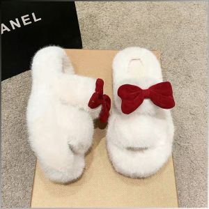 รองเท้าแตะใส่ในบ้าน หอพักนักศึกษา รองเท้าแตะขนสัตว์โบว์ ผู้หญิงหนุ่มสาว สร้อยโบว์ ให้อบอุ่น แฟชั่น