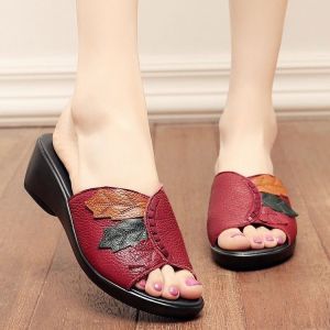 Summer WomenS Soft Sole Casual Slide Sandals Fashionable Anti-Slip Comfortable Cowhide Slippers For Middle-Aged And Elderly Women