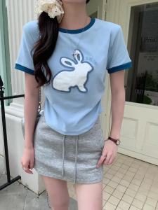 Ammin 2024 mùa hè màu mới contast cổ tròn thời trang thỏ hoạt hình thiết kế thêu cotton T-Shirt phụ nữ phong cách ngắn Thư Thêu ngọt ngào Áo Blouse thanh lịch