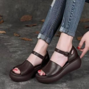 [Free Shipping] 2026 Summer WomenS One-Strap Wedge Sandals With Thick Sole Waterproof Platform Open Toe Mid-Heel Mom Shoes