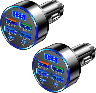 6 Port USB Car Charger Phone Charger 100w QC3.0 Fast Charging Power Delivery PD Charging LED Digital Display Voltage
