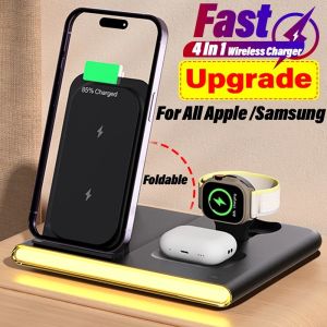 4 In 1 Wireless Charger Stand LED Night Light Foldable Fast Charging Station Dock For iPhone Samsung Galaxy Apple Watch Airpods