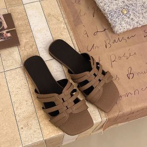[Free Shipping] WomenS Fashionable New Spring/Summer 2026 Flat-Soled Square-Toe Solid-Color Outdoor Beach Cross-Strap Sandals