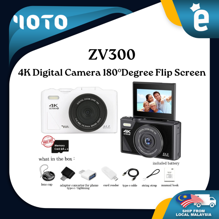 FOTO ZV300 Digital Camera 180°Flip Screen Selfie 4K Camera 16X