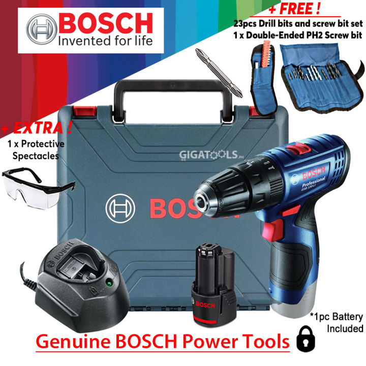 Bosch GSB 120-Li Cordless Hammer Drill 12V (1pc Li-ion Battery) with 23pcs  Accessory set, FREE Screwbit and Spectacles (06019G81K5) CRDLSIMPDR 
