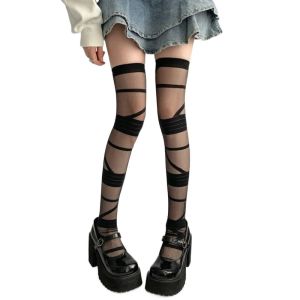 REEBO Elastic Transparent Stripe Stockings Nylon Lolita JK Style High Tube Long Socks Comfortable Ultra-thin Above Knee Stocking Lady