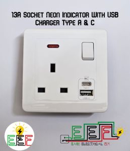 13A Socket Neon Indicator With USB Charger Type C And A Charging