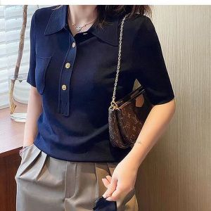 LUCKIN STORE Áo Polo Nữ Áo Thun Ngắn Tay Dệt Kim Lụa Mát Áo Mùa Hè