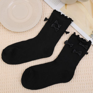 2pairs Lolita Socks Girl Bow Middle Tube Ankle Jk Pile Socks Female Solid Color Stockings