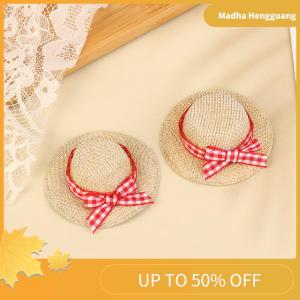 Madha 2Pcs Miniature Straw Hat Mini Doll Straw Hats With Bow Hat Doll House Ornament Hand Weaved Dollhouse Accessories