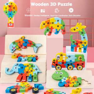 3D Colorful Wooden Puzzles Cartoon Animals Learning Educational Kids Toys Jigsaw Cognitive Wood Toys
