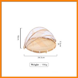 【K-Home】Natural Hand-Woven Bamboo Tent Basket | Food Serving Dustproof Round Picnic Basket | Serving Tray
