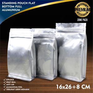 [50pcs] 16 x 26 cm Standing Pouch Flat Bottom Full Aluminium Foil I Kemasan Kopi Snack I Kemasan Paper Ziplock Alumunium