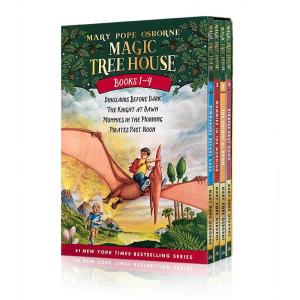 บ้านต้นไม้มายากลบรรจุกล่องหนังสือ1-4: ไดโนเสาร์ก่อนมืดอัศวินในยามรุ่งอรุณมัมมี่ในตอนเช้าและโจรสลัดในอดีตปกอ่อน-ชุดกล่องโดยแมรี่สมเด็จพระสันตะปาปา Osborne หนังสือภาษาอังกฤษดั้งเดิม