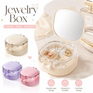 LIWU với gương Hộp đựng trang sức Nhựa Hai lớp Hộp đựng đồ trang sức  4 Ngăn Hộp đựng đồ vật nhỏ Sắp xếp tủ quần áo