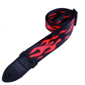 Guitar Strap Adjustable Electric & Acoustic Guitar Strap  Leather Ends Red Flame Yellow Letters