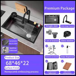 【 Free Deluxe 10-piece suit】4.0MM 304 Black waterfall Sink lababo stainless complete set sink stainless for kitchen Single slot Suitable for large kitchens Vegetable sink integrated basin vegetable Sterilization sink with faucet set