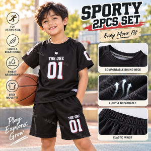 AILEBE Kids Sets Terno Sporty Short Sleeve Top And Shorts 2Pcs Set Fabric Lightweight Breathable Sweat-Absorbent Letter Print Casual OOTD Pambahay School Sports Daily Wear For Boys Girls