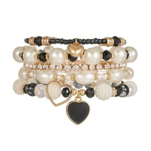 AKZDXE 5pcs Heart Charm Beaded Layered Bracelet Stackable Bohemian Imitation Pearl Bracelet Elegant Brown/Black Rhinestone Stretch Bracelet Women
