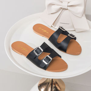 Fashion double buckle double shoulder solid color womens slippers flat beach sandals