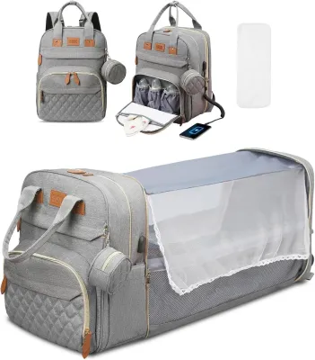 3 In 1 Diaper Bag Backpack Foldable Baby Bed Waterproof Travel Bag with USB Charge Diaper Bag Backpack with Changing Bed 3 Types