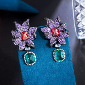 SEQUITO Unique Paved Purple Red AAA CZ Zirconia Drop Oval Green Stone Black Gold Color Flower Dangle Earrings Vintage Women Ear Jewelry for Evening Party SE755